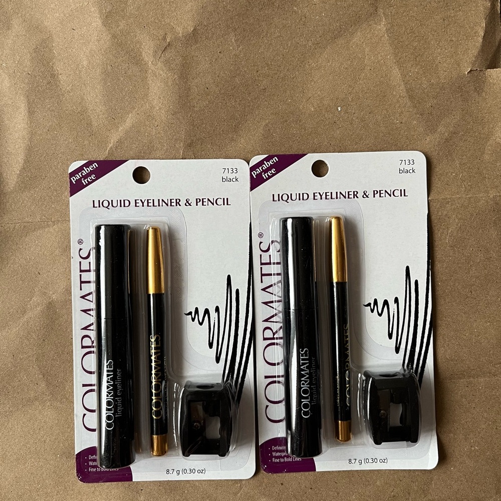 2 New Colormates Liquid Eyeliner & Pencil, with sharpener 7133 Black